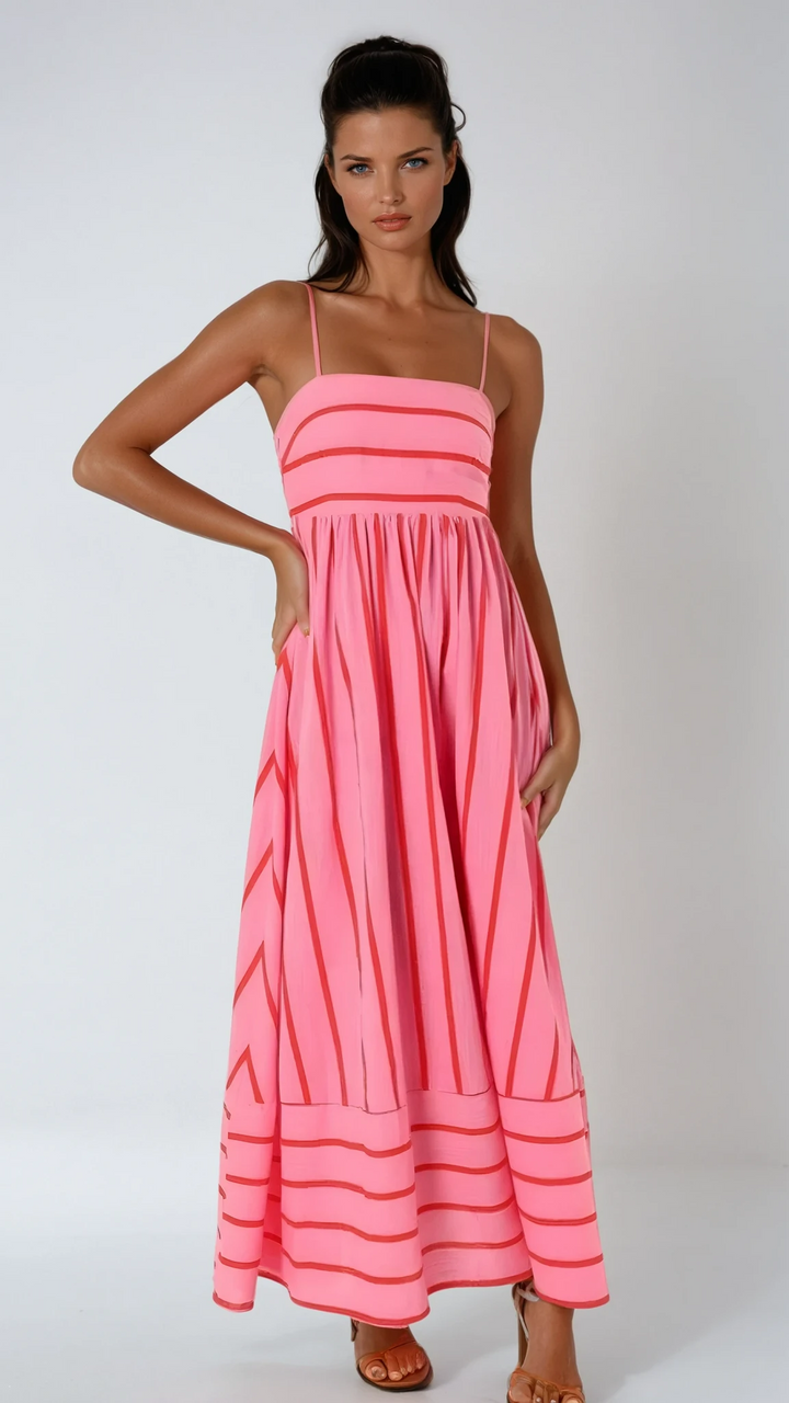 Damen Maxikleid mit eckigem Ausschnitt, ärmellos und gestreift