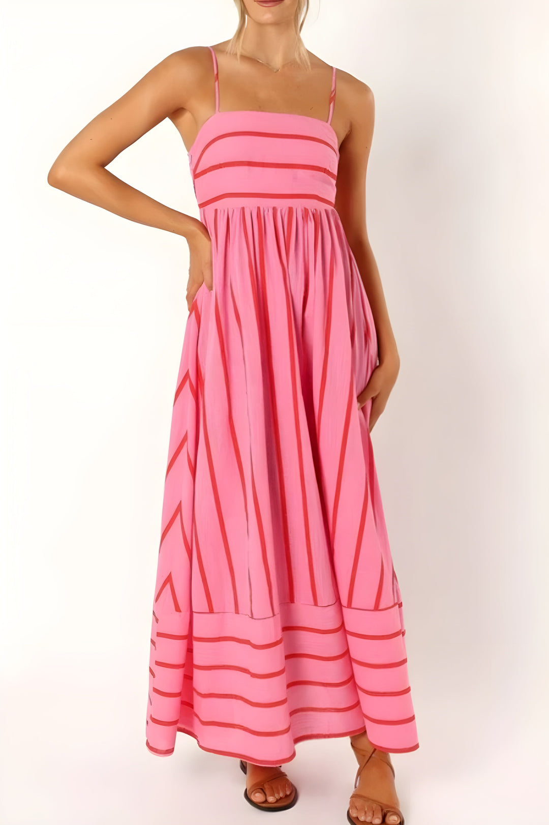 Damen Maxikleid mit eckigem Ausschnitt, ärmellos und gestreift