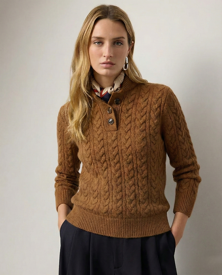 Arden Pullover für Damen mit Knopfleiste, Rundhalsausschnitt und Stehkragen