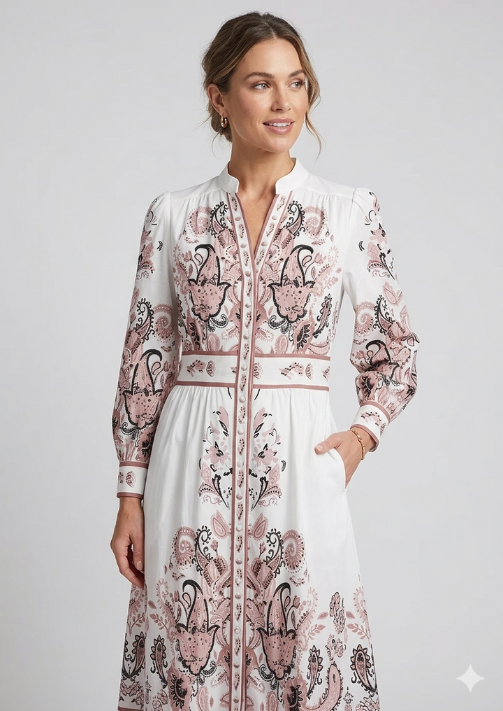 Heidi-inspiriertes V-Ausschnitt Blumen-Maxikleid für Damen mit langen Ärmeln für besondere Anlässe