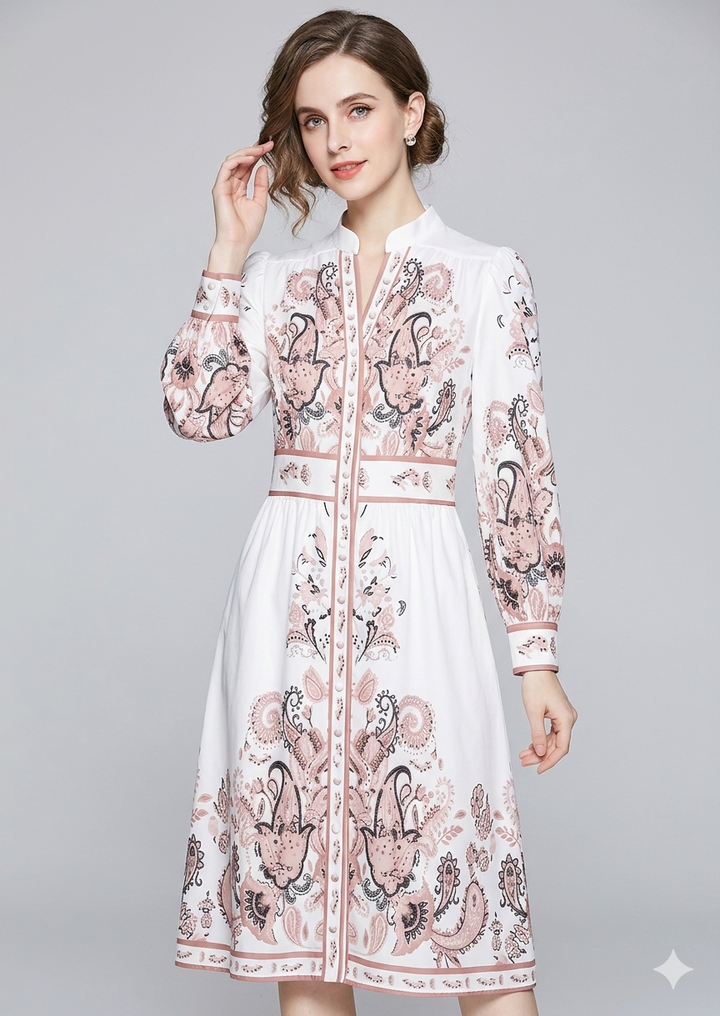 Heidi-inspiriertes V-Ausschnitt Blumen-Maxikleid für Damen mit langen Ärmeln für besondere Anlässe