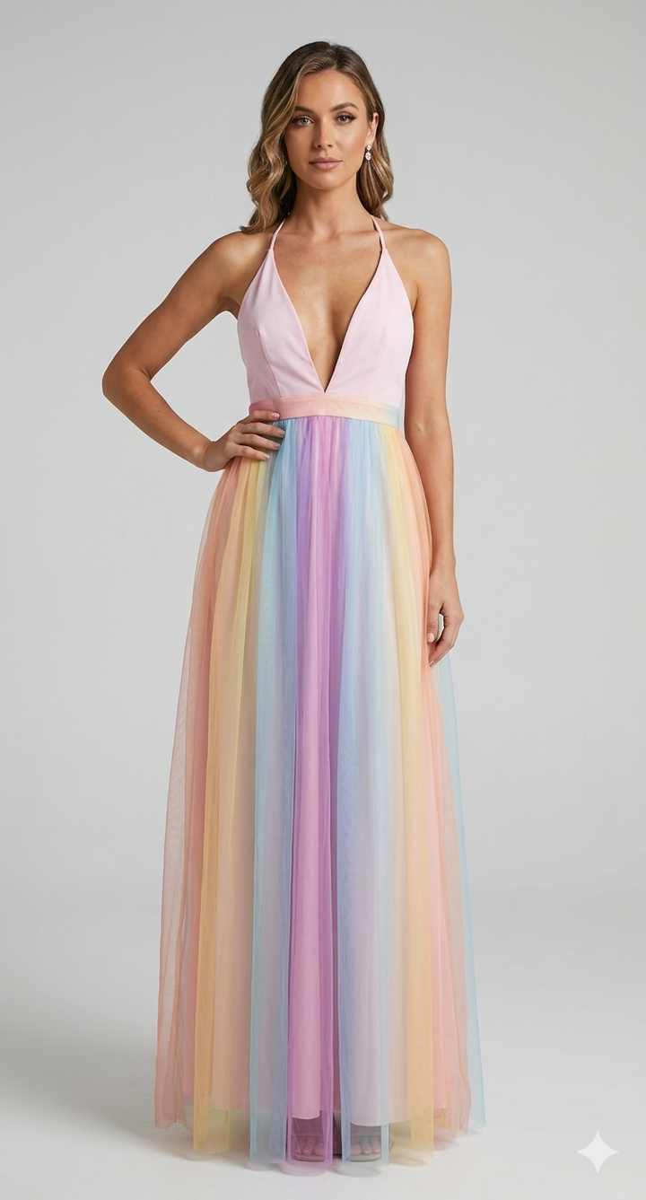 Damen Maxikleid mit Halter-V-Ausschnitt