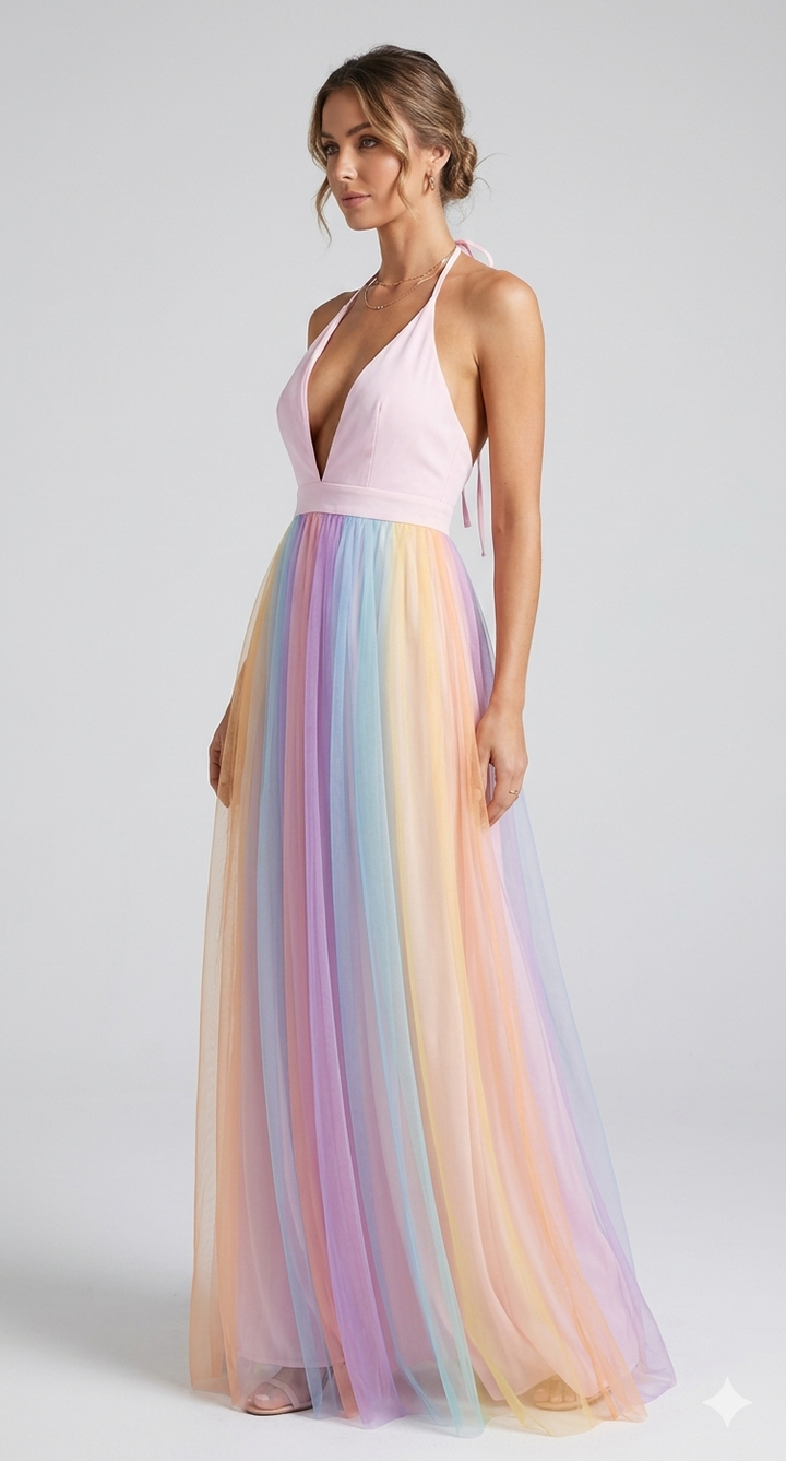 Damen Maxikleid mit Halter-V-Ausschnitt