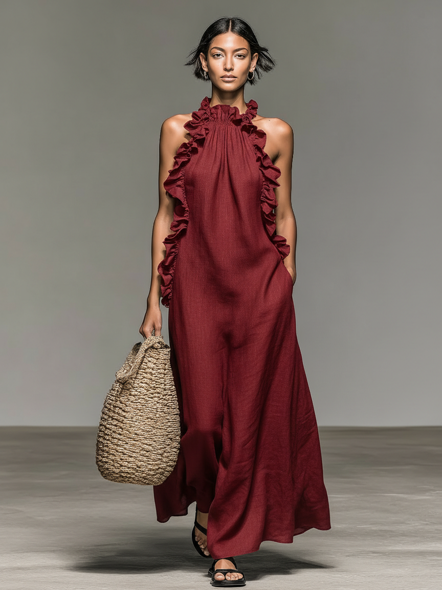 Emma | Damen Ärmelloses Halter Maxikleid mit Rüschen