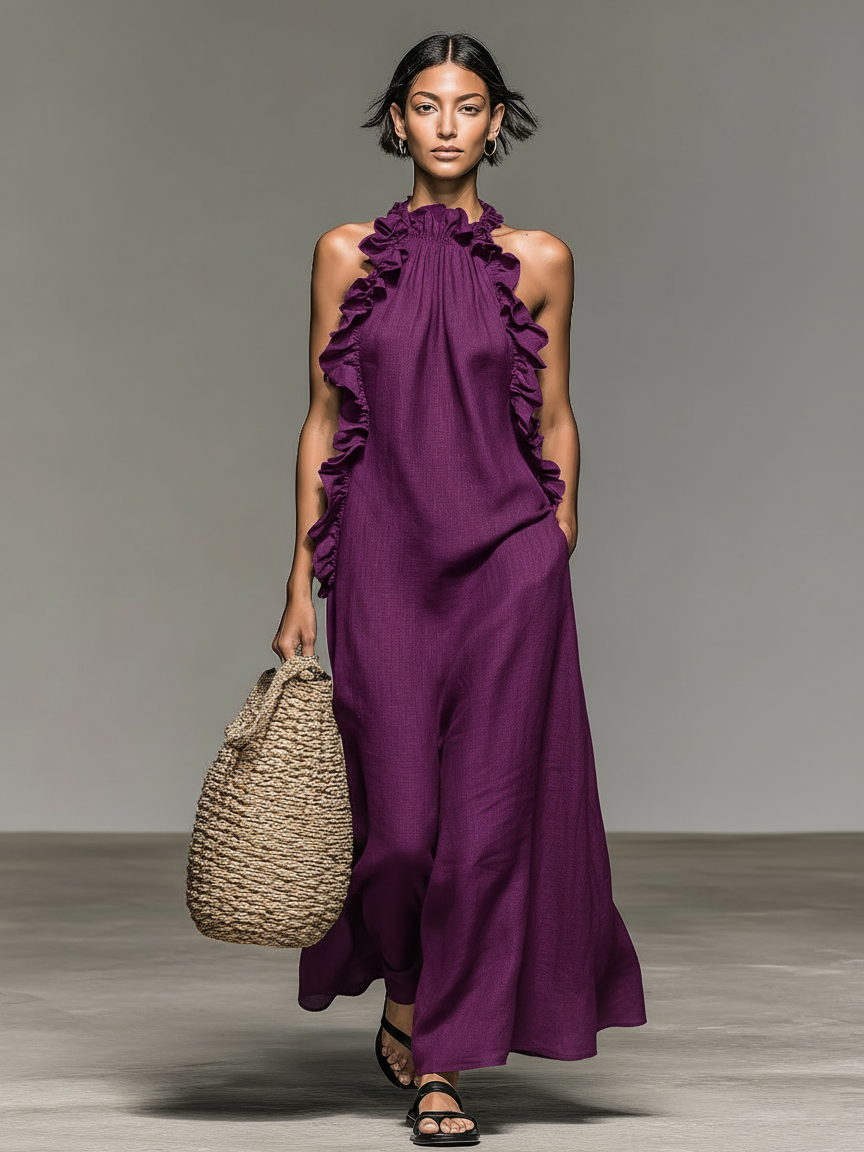 Emma | Damen Ärmelloses Halter Maxikleid mit Rüschen