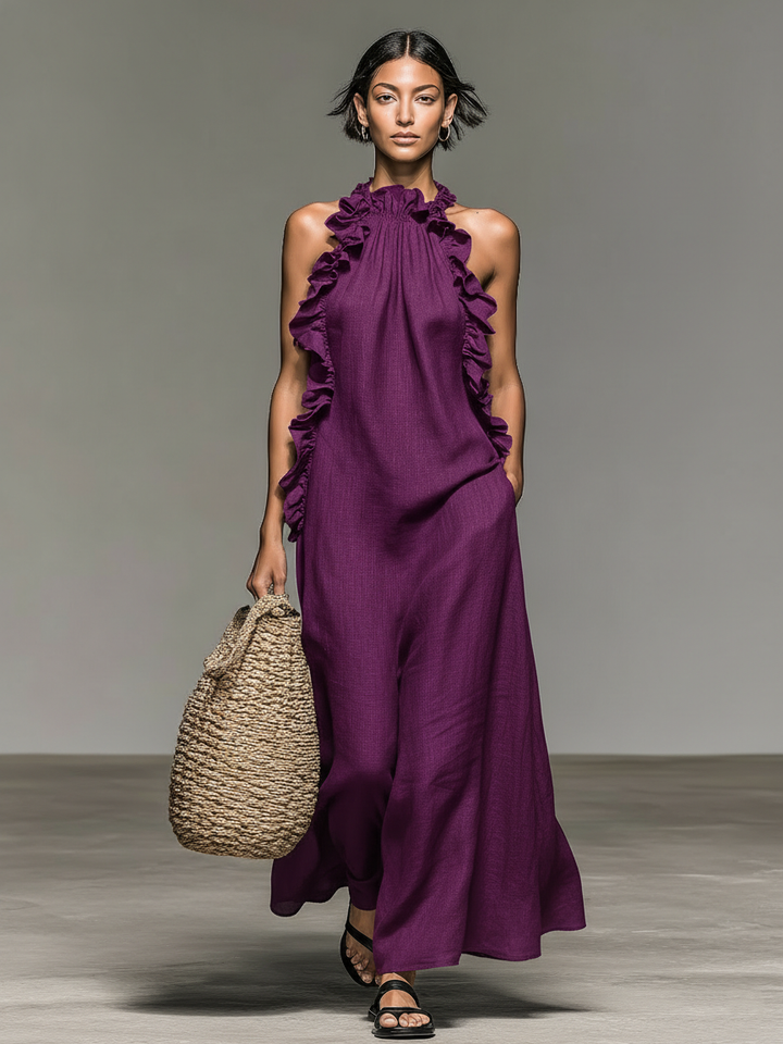 Emma | Damen Ärmelloses Halter Maxikleid mit Rüschen