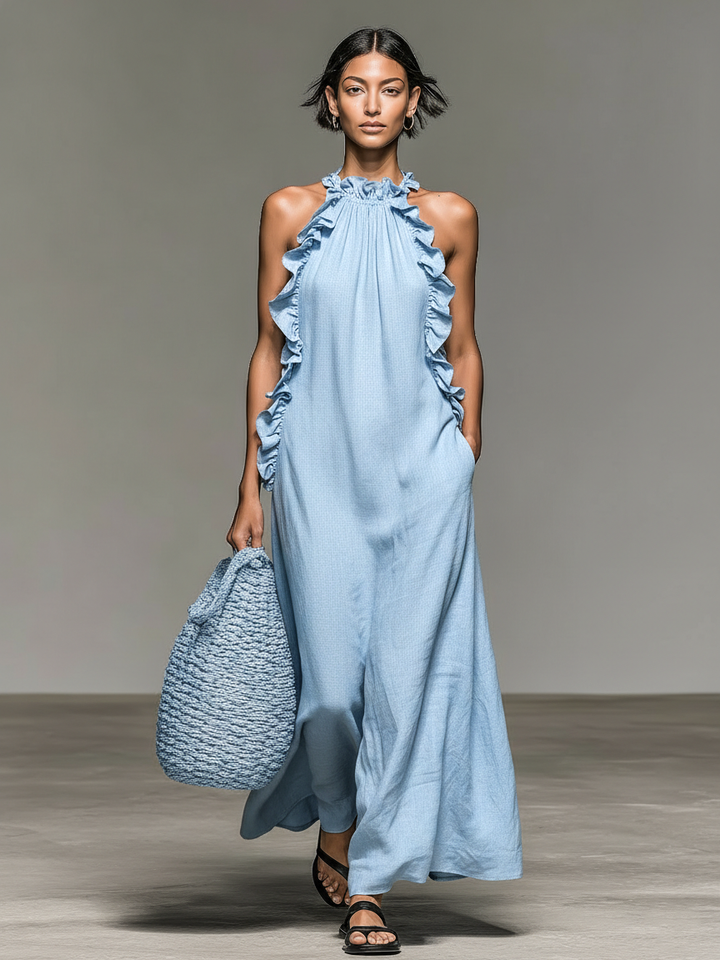Emma | Damen Ärmelloses Halter Maxikleid mit Rüschen
