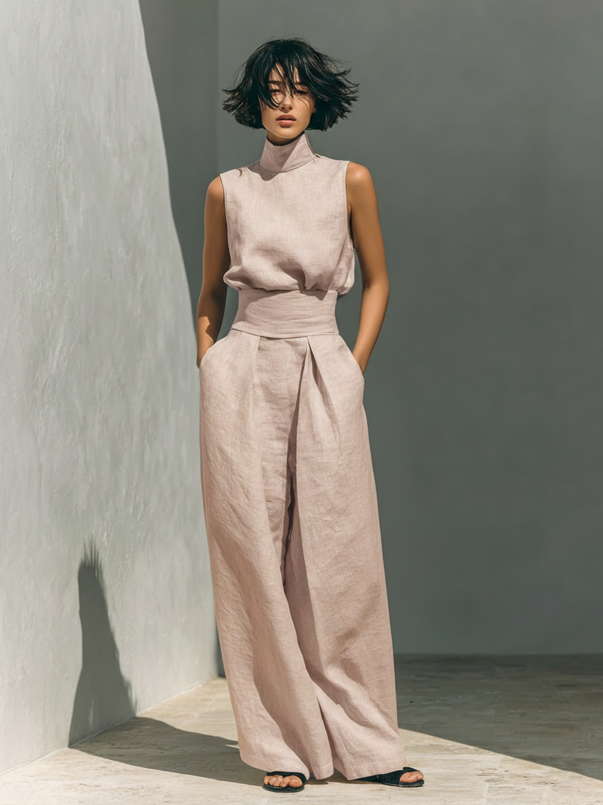 Damen Ärmellose Bluse und Weite-Hosen Ensemble mit hohem Bund