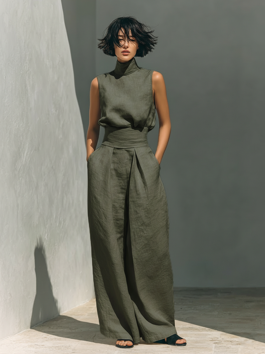 Damen Ärmellose Bluse und Weite-Hosen Ensemble mit hohem Bund