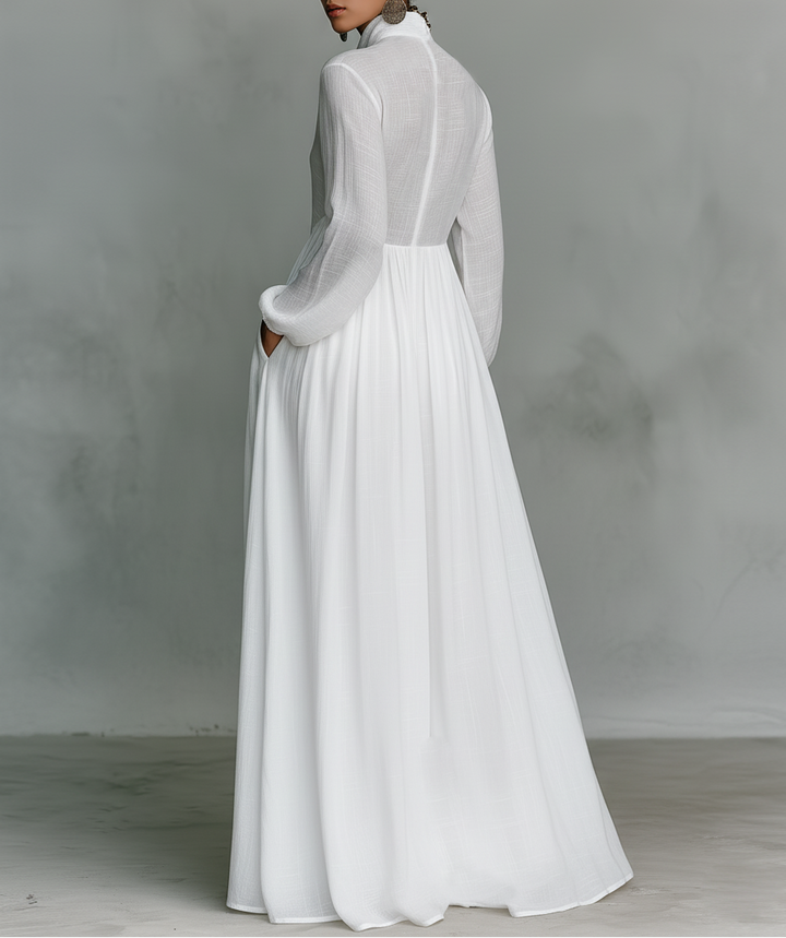 Elisa | und Maxi-Kleid für Damen mit Patchwork, hohem Kragen und langen Ärmeln | Minimalistischer Stil