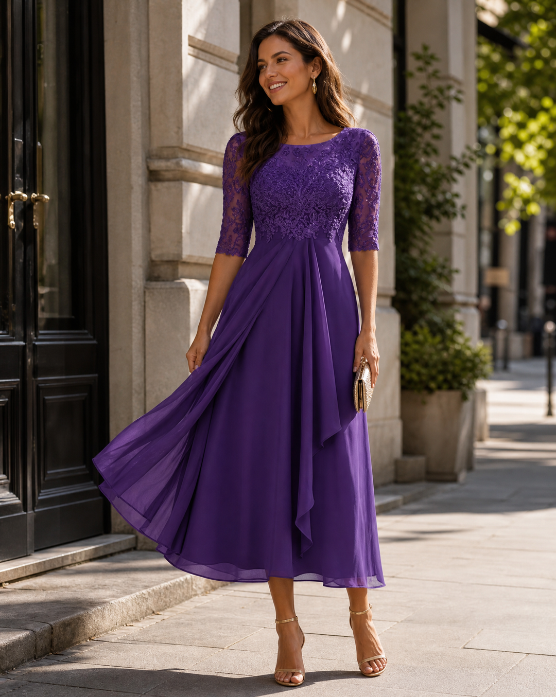 Damen Spitzen-Midikleid mit Rundhalsausschnitt und Taschen