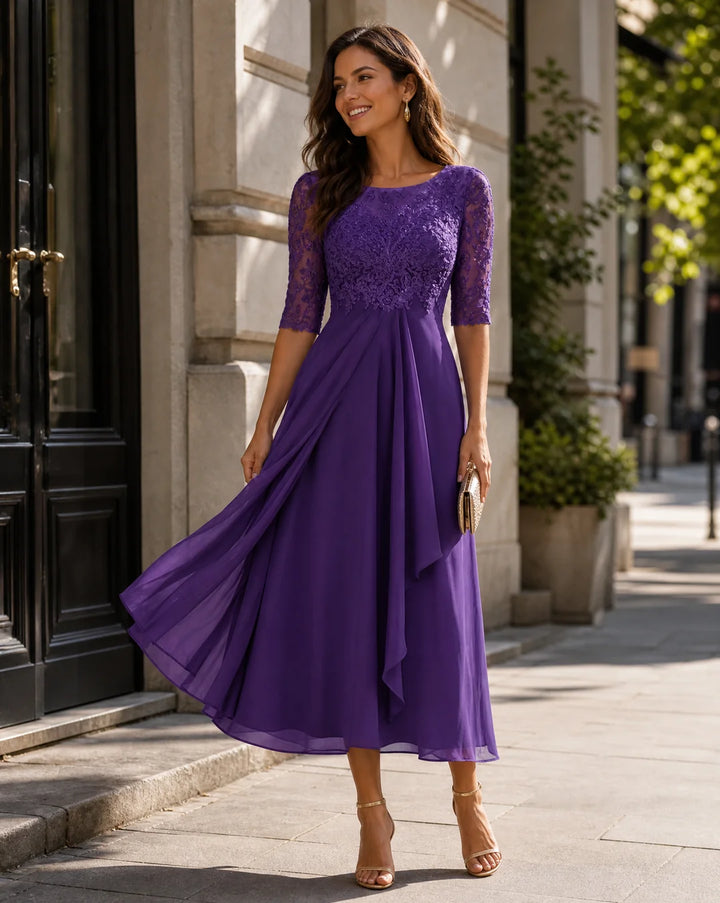 Damen Spitzen-Midikleid mit Rundhalsausschnitt und Taschen