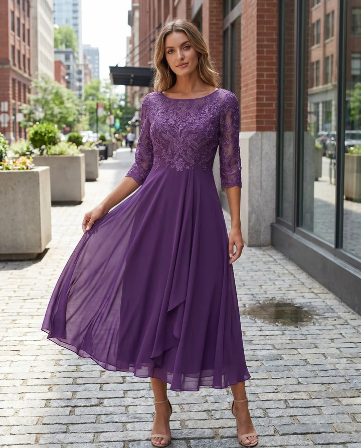 Damen Spitzen-Midikleid mit Rundhalsausschnitt und Taschen