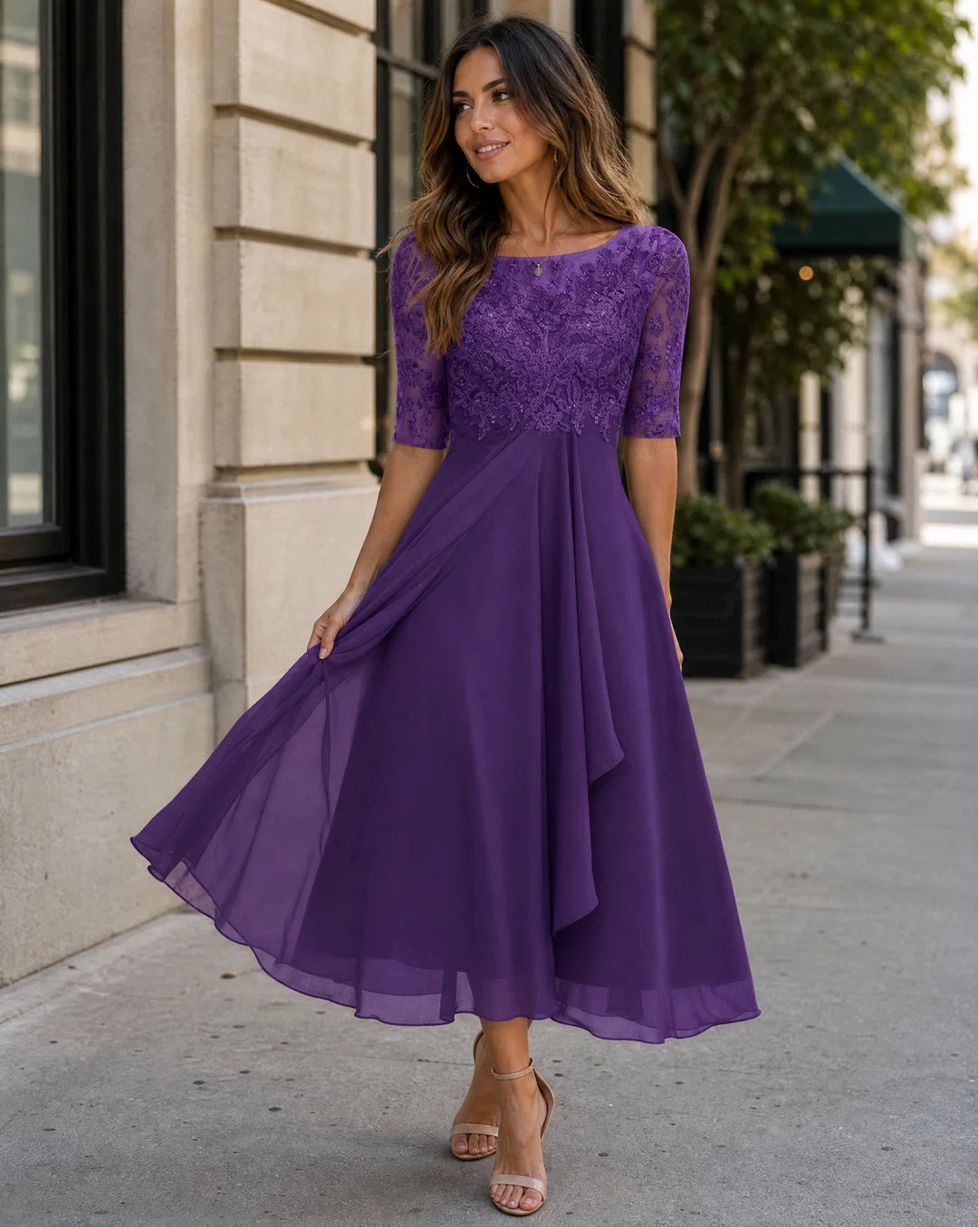 Damen Spitzen-Midikleid mit Rundhalsausschnitt und Taschen