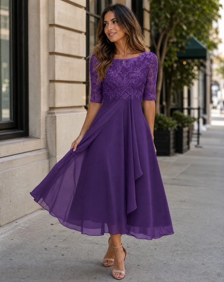 Damen Spitzen-Midikleid mit Rundhalsausschnitt und Taschen