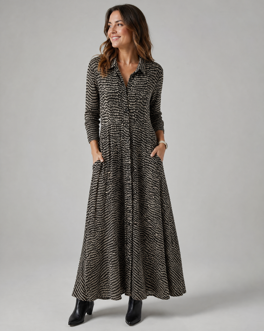 Damen Maxikleid mit Langarm und Taschen