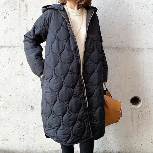 Damen gepolsterter Longline-Parka mit Kapuze und Taschen
