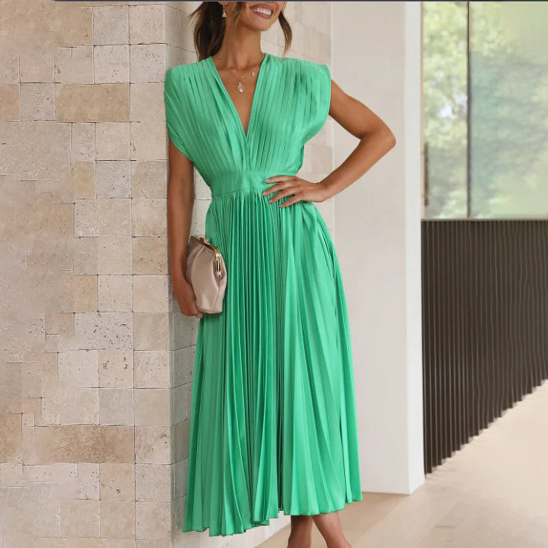 Cassia | Elegantes Midikleid für Damen mit V-Ausschnitt und kurzen Ärmeln