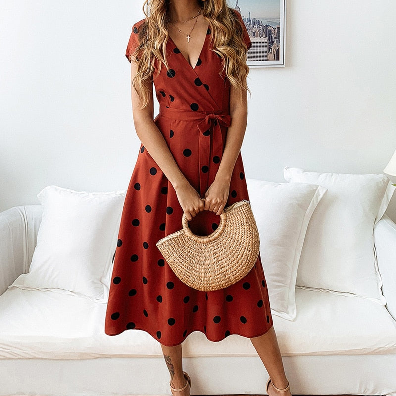 Elara | Damen-Midikleid mit V-Ausschnitt, Polka-Dots und Bindegürtel