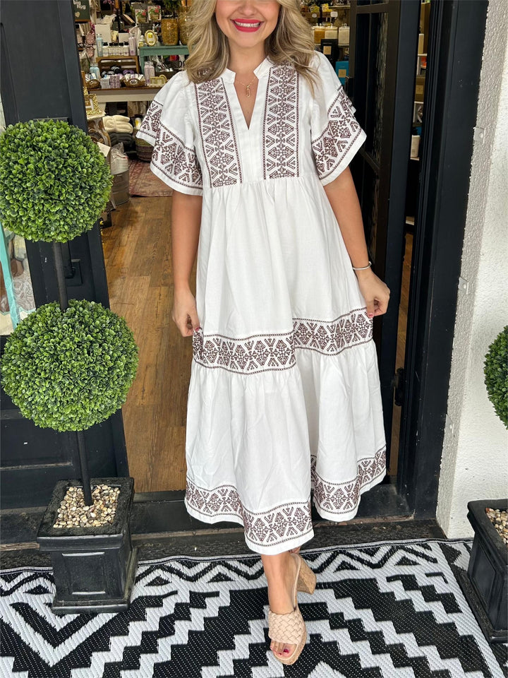 Hanna | Elegantes Boho-Midikleid für Damen mit V-Ausschnitt und kurzen Ärmeln
