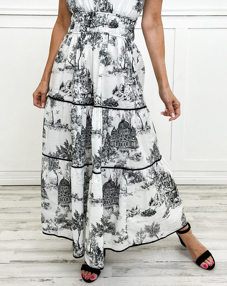 Eliza | Klassisches Toile Maxi Kleid für Damen mit V-Ausschnitt und kurzen Ärmeln