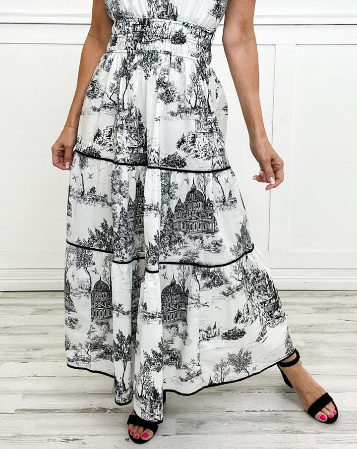 Eliza | Klassisches Toile Maxi Kleid für Damen mit V-Ausschnitt und kurzen Ärmeln