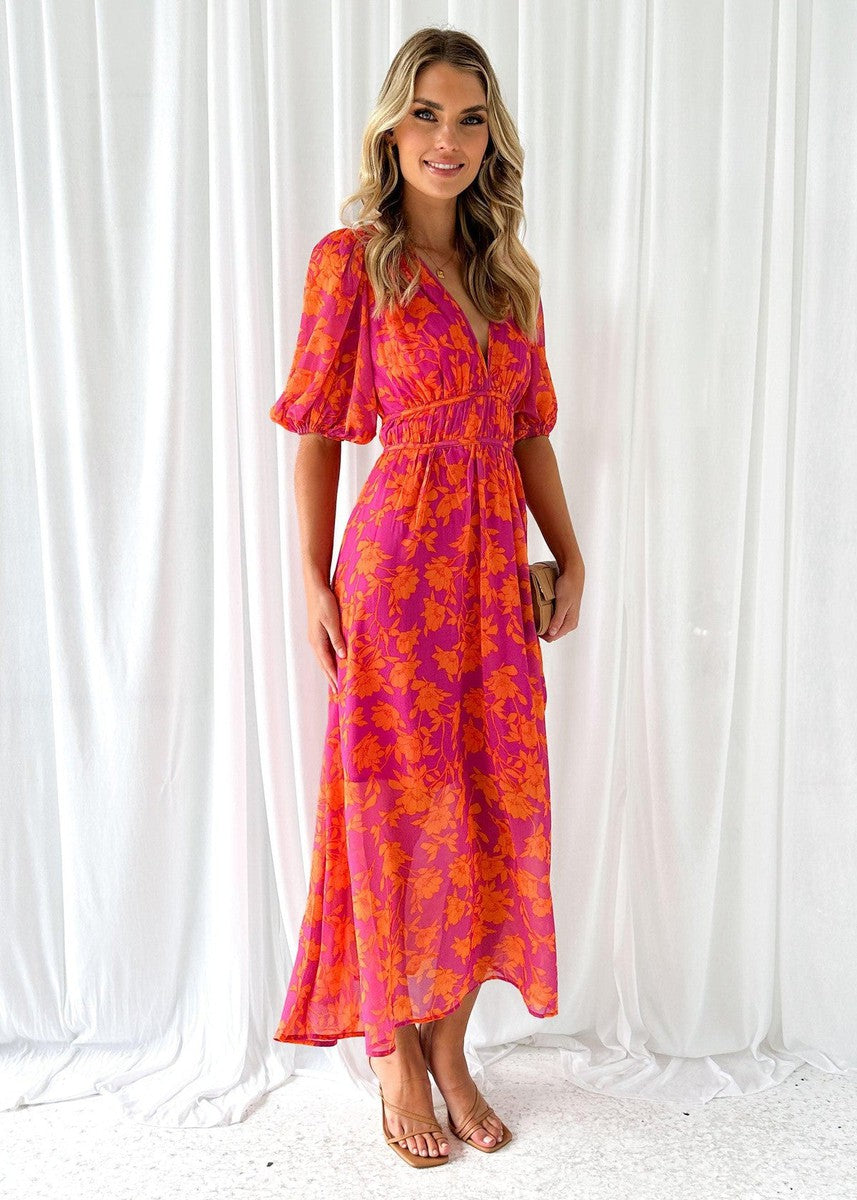 Katy | Elegantes Midikleid für Damen mit Puffärmeln und Blumenmuster