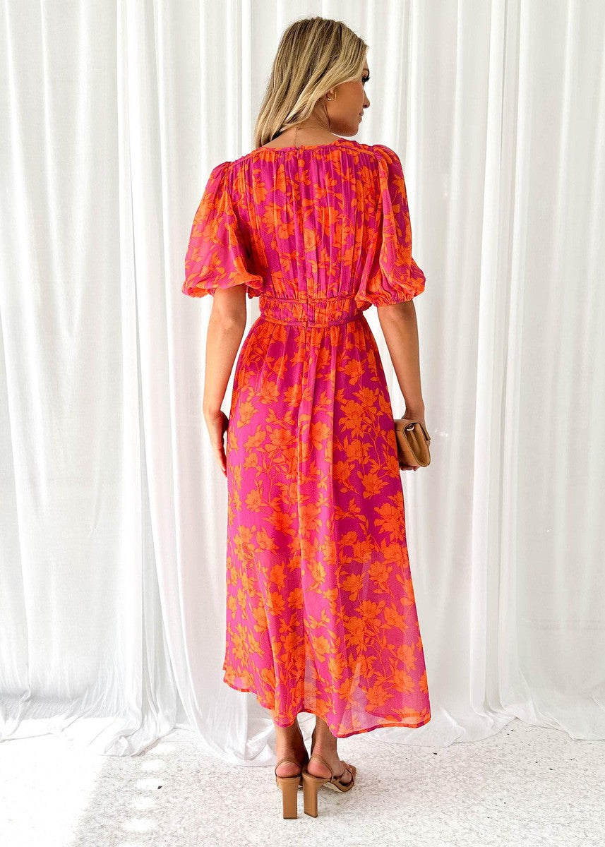 Katy | Elegantes Midikleid für Damen mit Puffärmeln und Blumenmuster