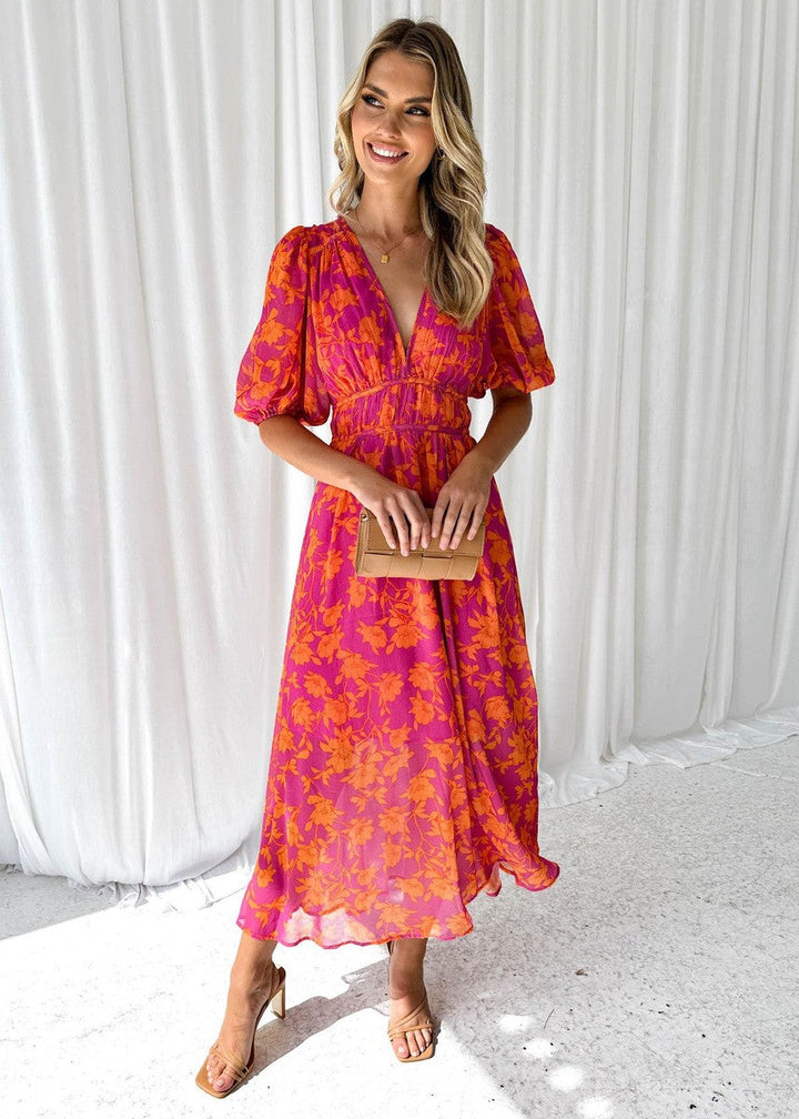 Katy | Elegantes Midikleid für Damen mit Puffärmeln und Blumenmuster