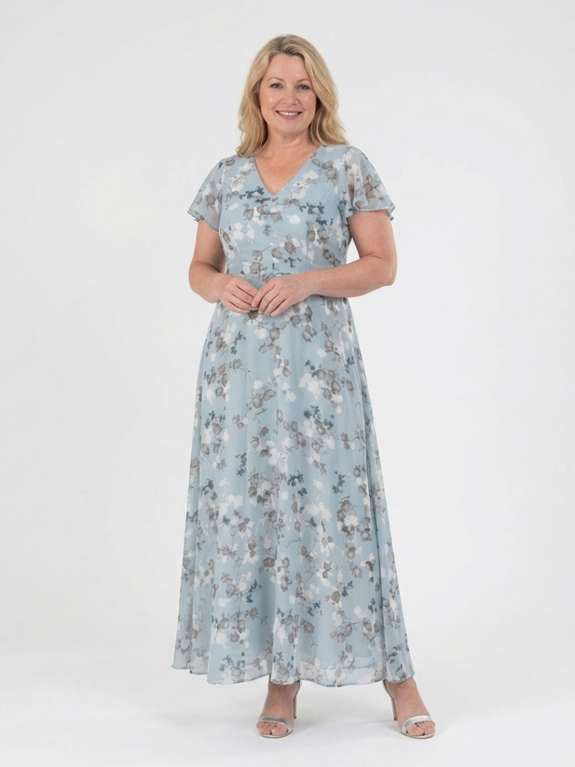 Ismeria | Floral Maxikleid für Damen mit V-Ausschnitt und kurzen Ärmeln