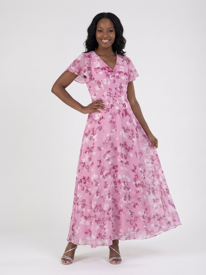 Ismeria | Floral Maxikleid für Damen mit V-Ausschnitt und kurzen Ärmeln