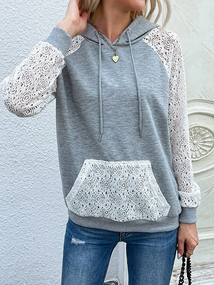 Damen Hoodie mit Kordelzug, Spitzenärmeln und Kängurutasche