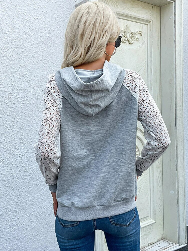 Damen Hoodie mit Kordelzug, Spitzenärmeln und Kängurutasche