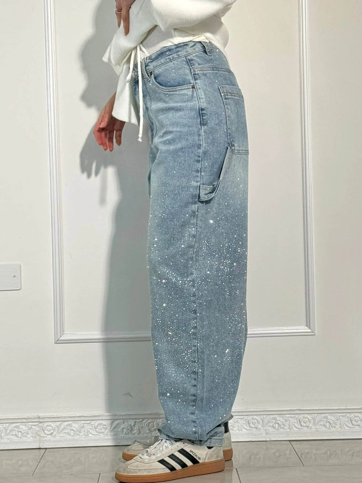 Glänzende Carpenter-Style Denim-Jeans für Damen mit weiter Passform und hohem Bund