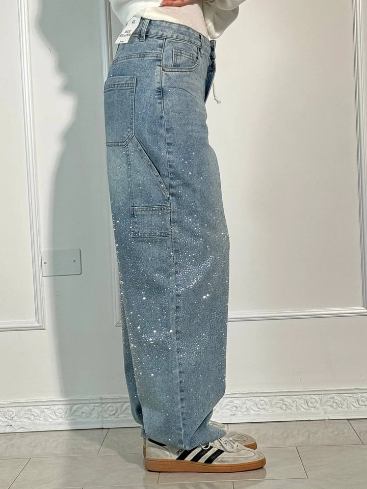 Glänzende Carpenter-Style Denim-Jeans für Damen mit weiter Passform und hohem Bund