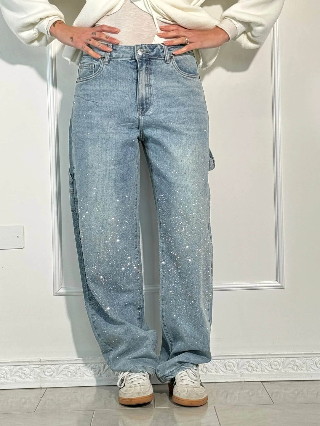 Glänzende Carpenter-Style Denim-Jeans für Damen mit weiter Passform und hohem Bund