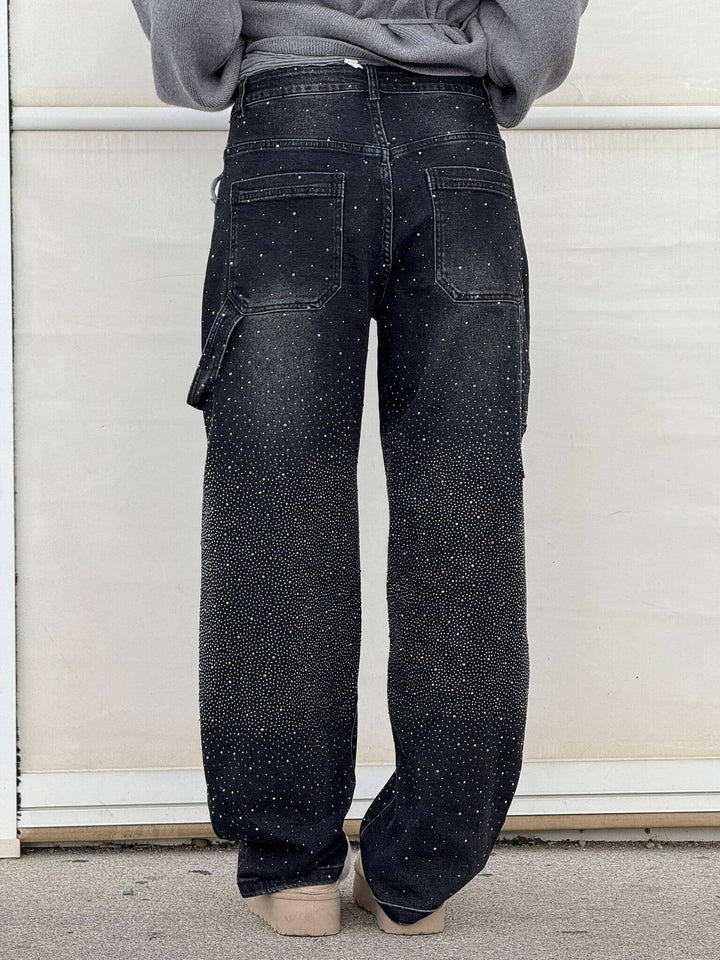 Glänzende Carpenter-Style Denim-Jeans für Damen mit weiter Passform und hohem Bund
