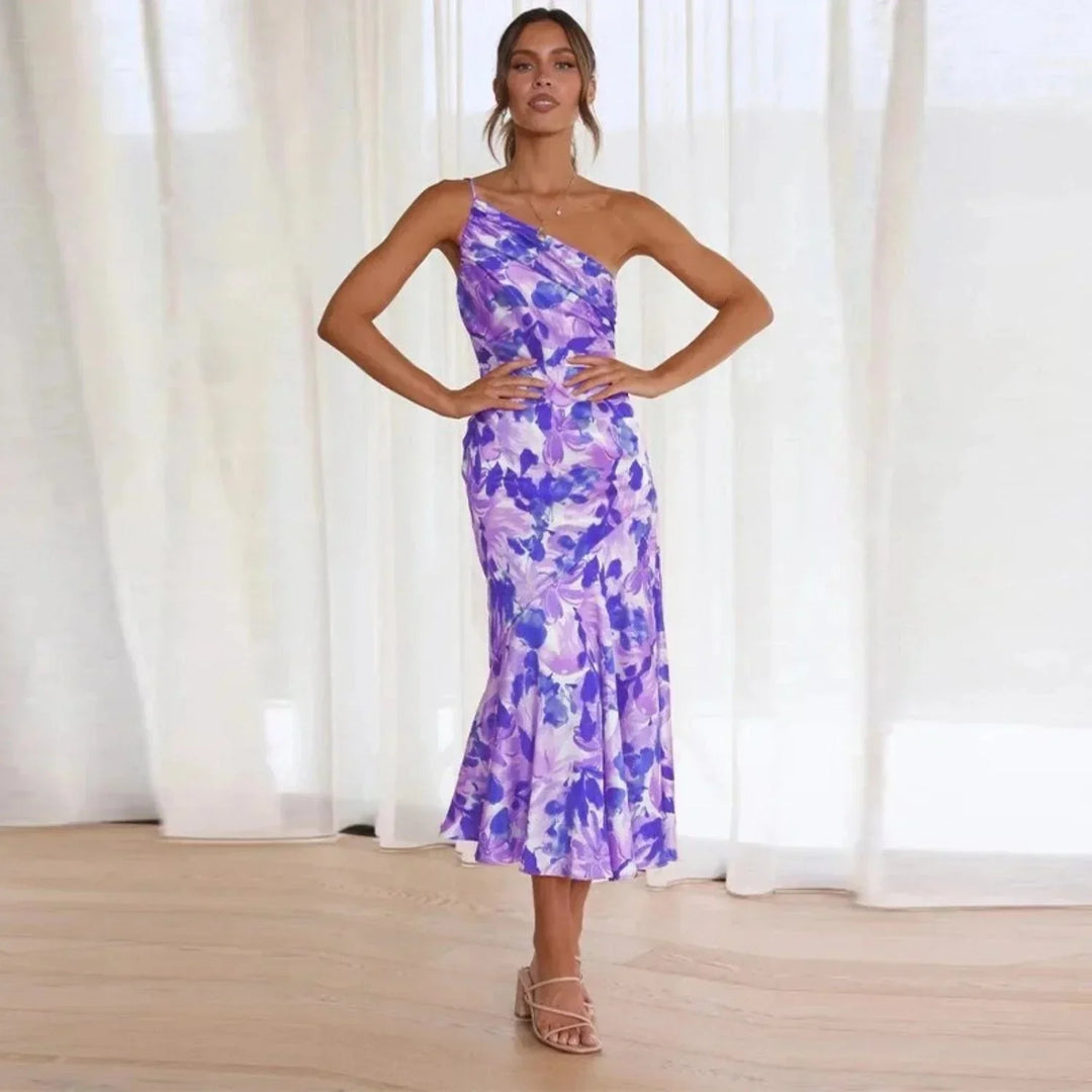 Jenny | Stylisches Sommer-Blumenkleid für Damen mit asymmetrischem Ausschnitt