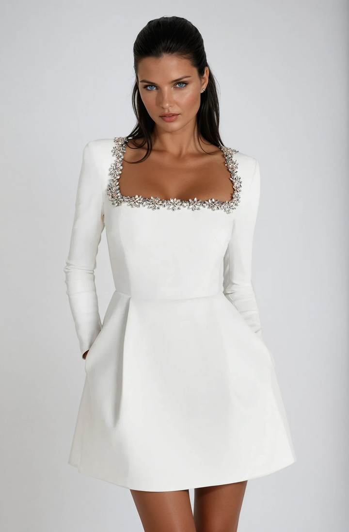 Lina | Elegantes Mini-Kleid für Damen mit eckigem Ausschnitt und langen Ärmeln