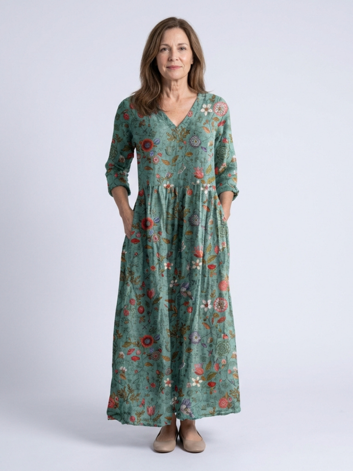 Marina | Floral V-Ausschnitt Maxikleid für Damen mit Dreiviertelärmeln