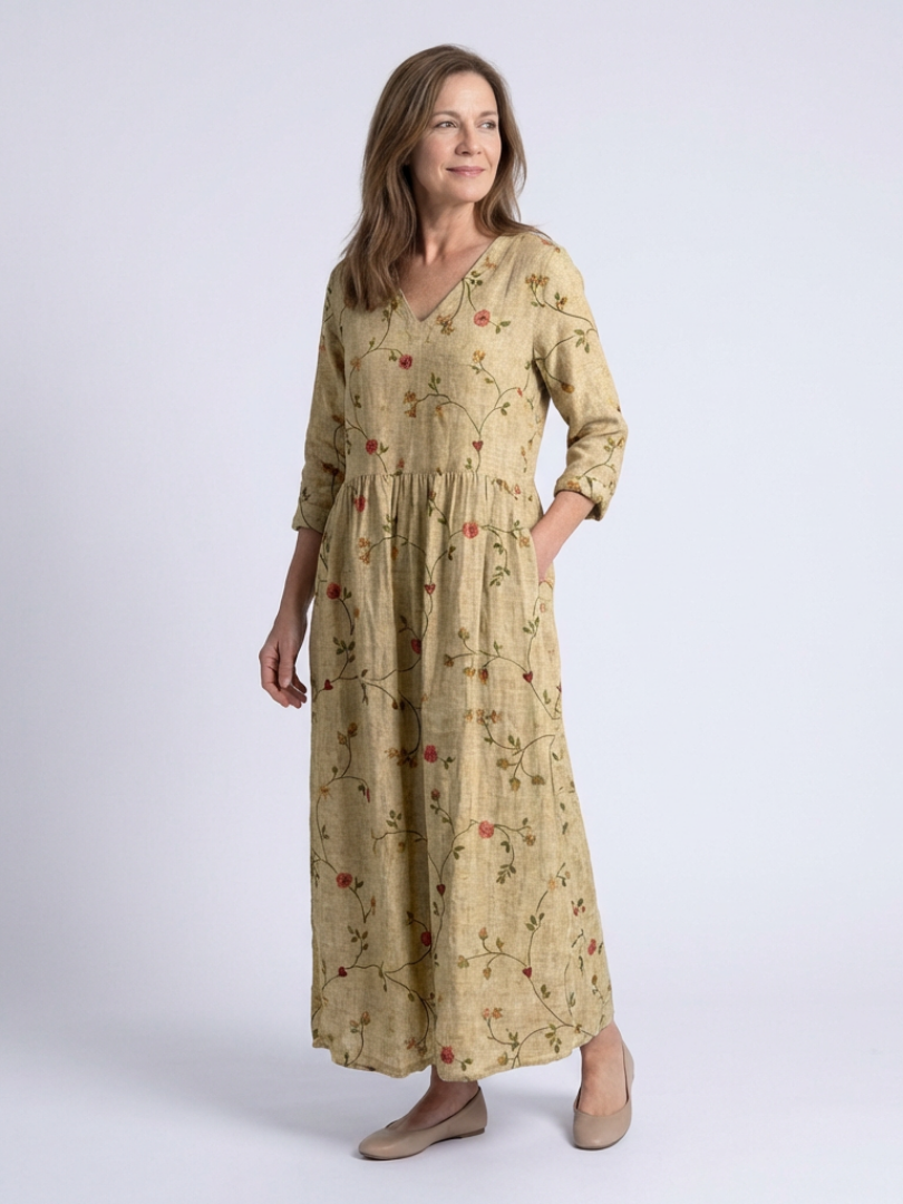 Marina | Floral V-Ausschnitt Maxikleid für Damen mit Dreiviertelärmeln