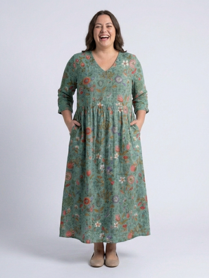 Marina | Floral V-Ausschnitt Maxikleid für Damen mit Dreiviertelärmeln