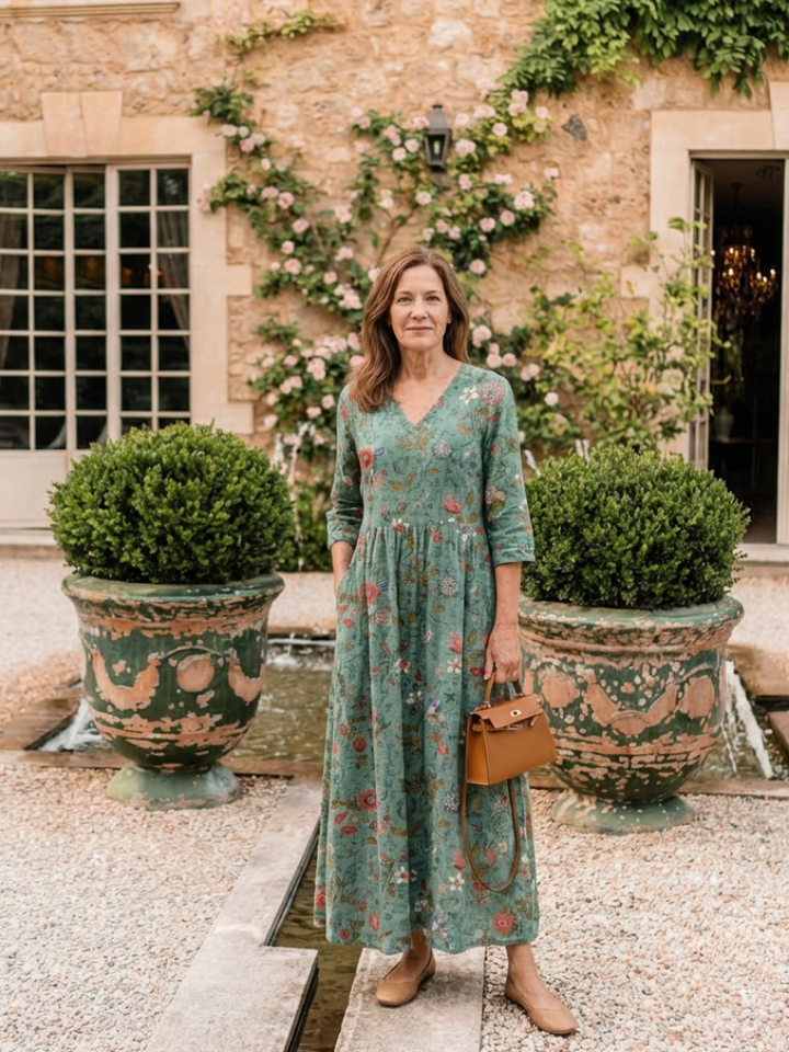 Marina | Floral V-Ausschnitt Maxikleid für Damen mit Dreiviertelärmeln