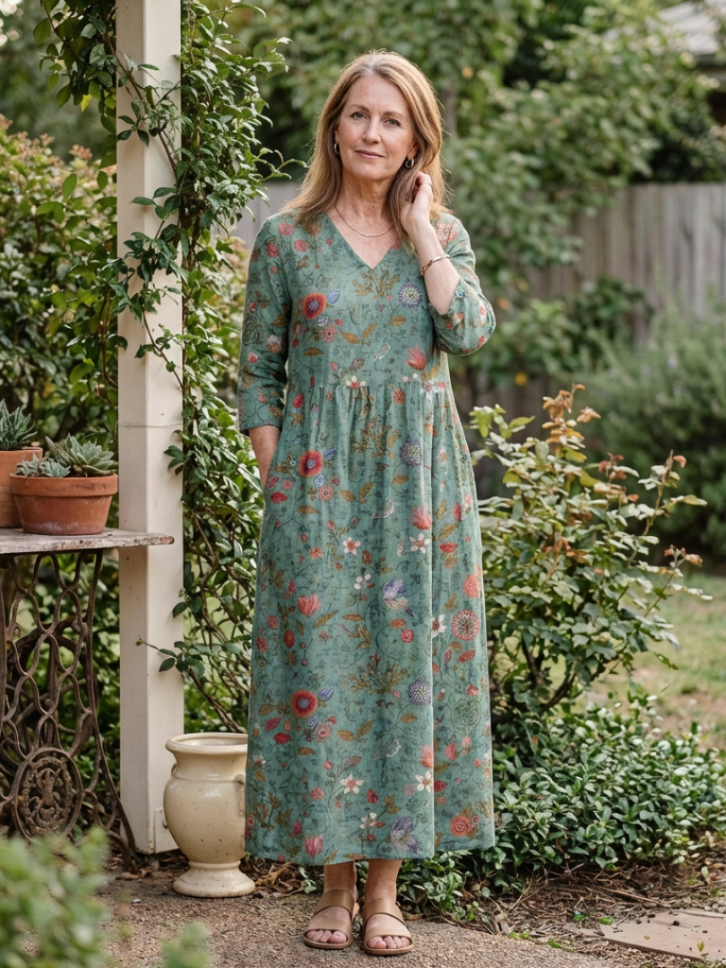Marina | Floral V-Ausschnitt Maxikleid für Damen mit Dreiviertelärmeln