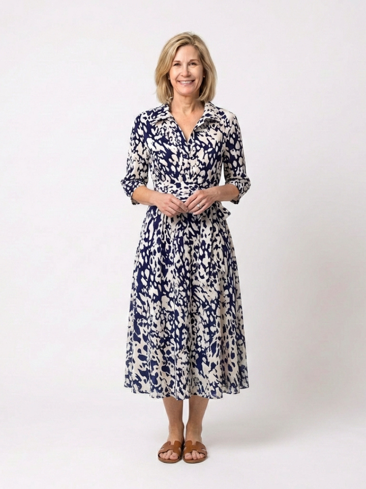 Oriana | Midi-Kleid für Damen mit Kragen, langen Ärmeln und Taillengürtel