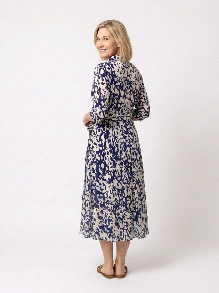Oriana | Midi-Kleid für Damen mit Kragen, langen Ärmeln und Taillengürtel