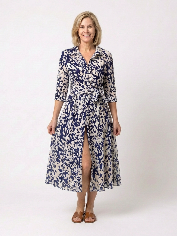 Oriana | Midi-Kleid für Damen mit Kragen, langen Ärmeln und Taillengürtel