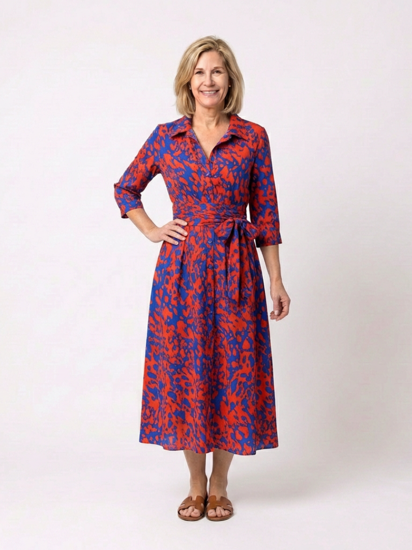 Oriana | Midi-Kleid für Damen mit Kragen, langen Ärmeln und Taillengürtel
