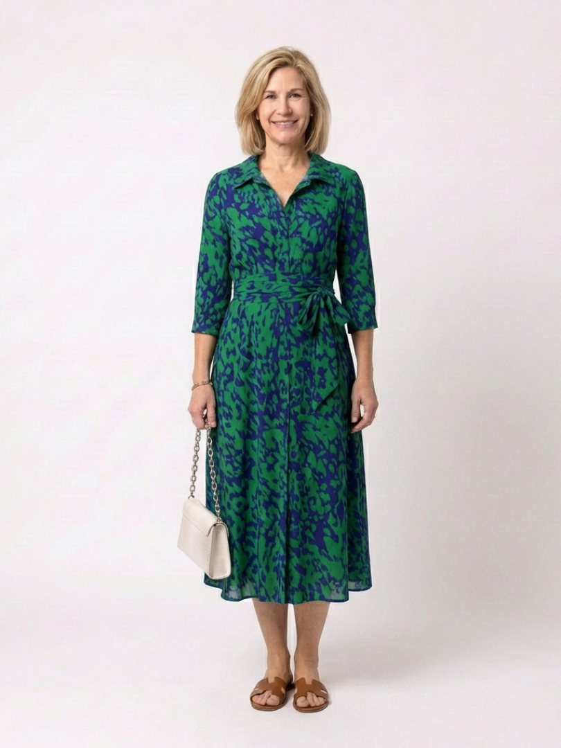 Oriana | Midi-Kleid für Damen mit Kragen, langen Ärmeln und Taillengürtel