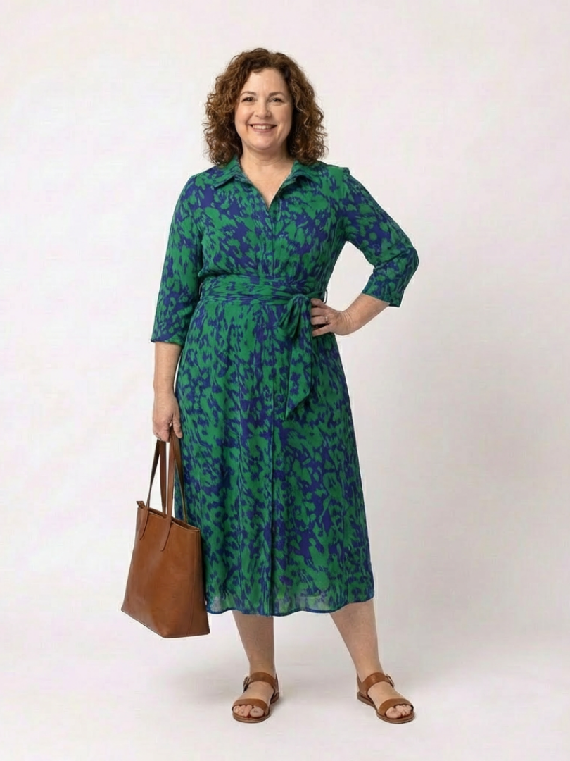 Oriana | Midi-Kleid für Damen mit Kragen, langen Ärmeln und Taillengürtel